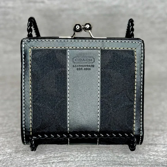 Coach Black Leather Signature Mini Wallet w/ Kisslock & Bi-Fold Snap Closure - Picture 2 of 15